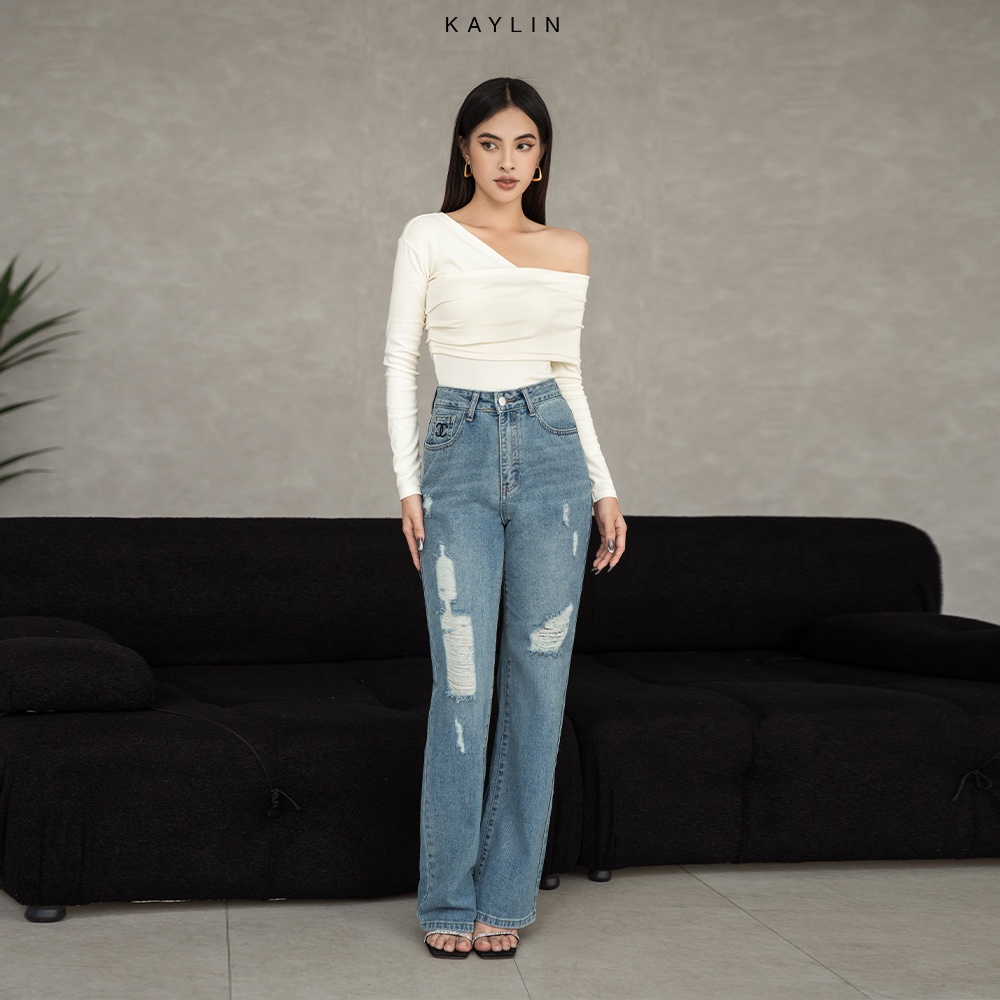 Quần jeans KAYLIN ống suông rách phối belt thời trang N1850