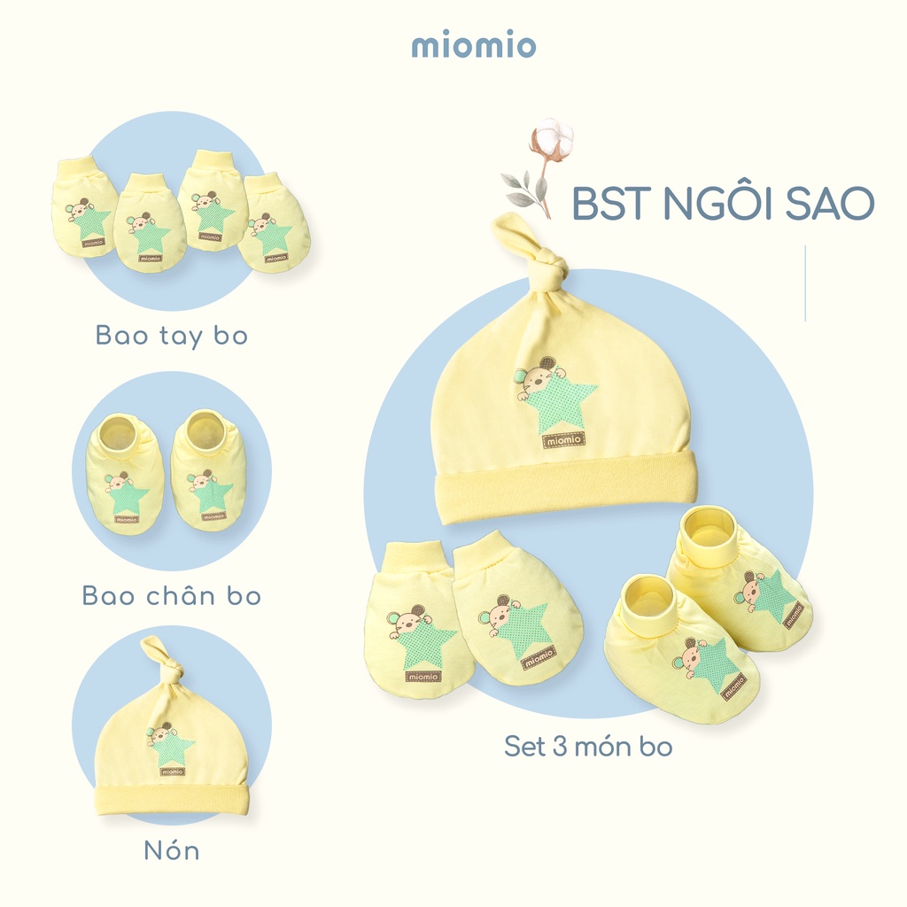 Bao Tay, Chân Bo, Nón, Set 3 Món Bo Sơ Sinh MIOMIO, Họa tiết: Gấu Mây, Teddy, Ngôi Sao, Gà, Hươu, Nai cho Bé, Vải Cotton