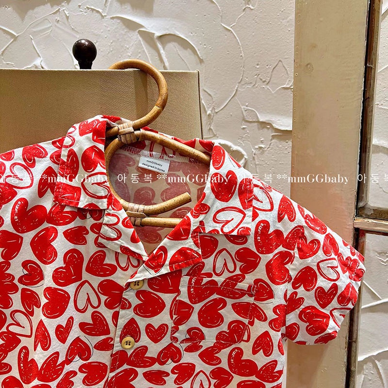 ♠Áo Sơ Mi Cotton Tay Ngắn Họa Tiết Trái Tim Phong Cách Phương Tây Thời Trang Mùa Hè Cho Bé