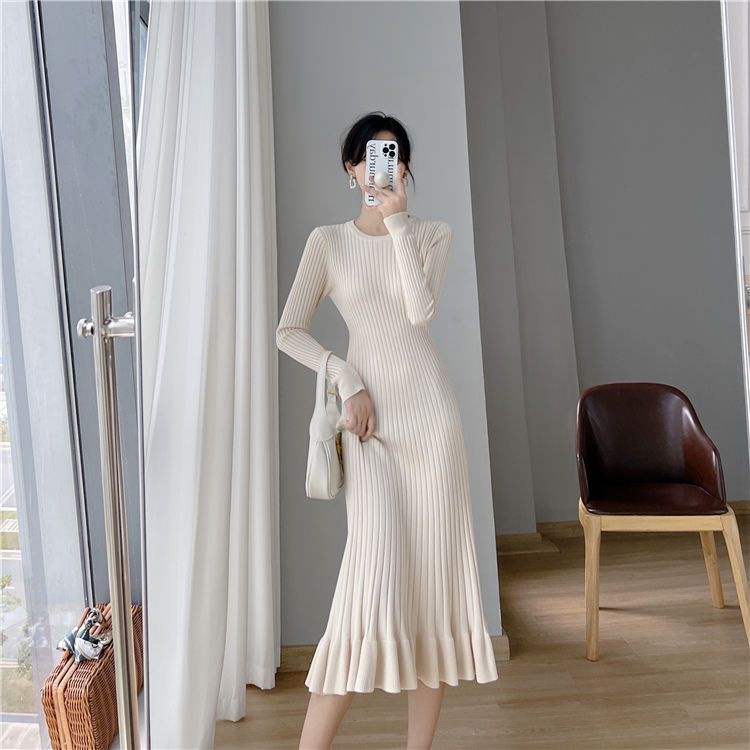 Đầm Dệt Kim Tay Dài Dáng Rộng Phong Cách Hàn Quốc Thời Trang Thu Đông Mới Cho Nữ