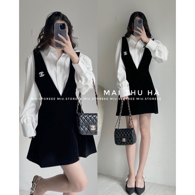 SET YẾM KHOÉT CỔ V PHỐI ÁO SƠ MI KÈM TAG CHEN NỒ SYKCVA