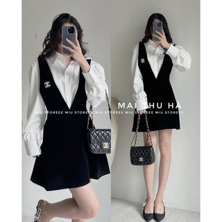 Set yếm khoét cổ v phối áo sơ mi kèm tag chen nồ sykcva