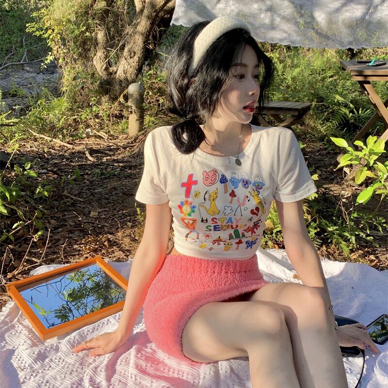 IELGYÁo Thun Tay Ngắn In Họa Tiết Hoạt Hình Phong Cách Đường Phố Cho Nữ