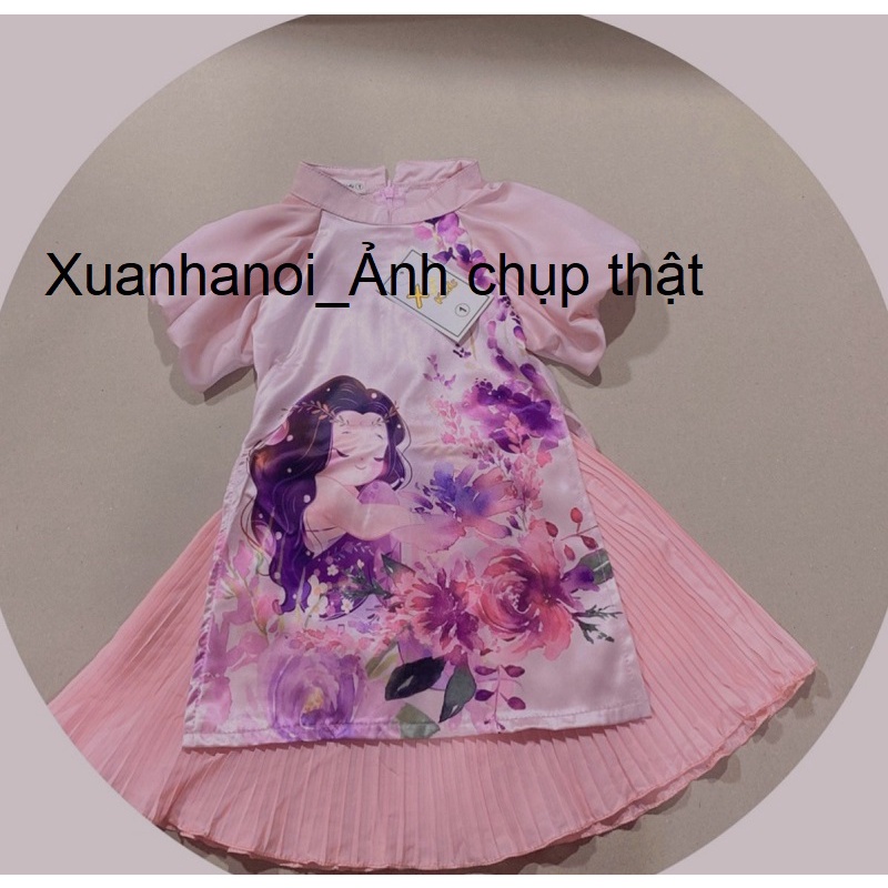 Áo dài cho bé gái tay bồng chân váy dập ly 8-35kg XHN1124