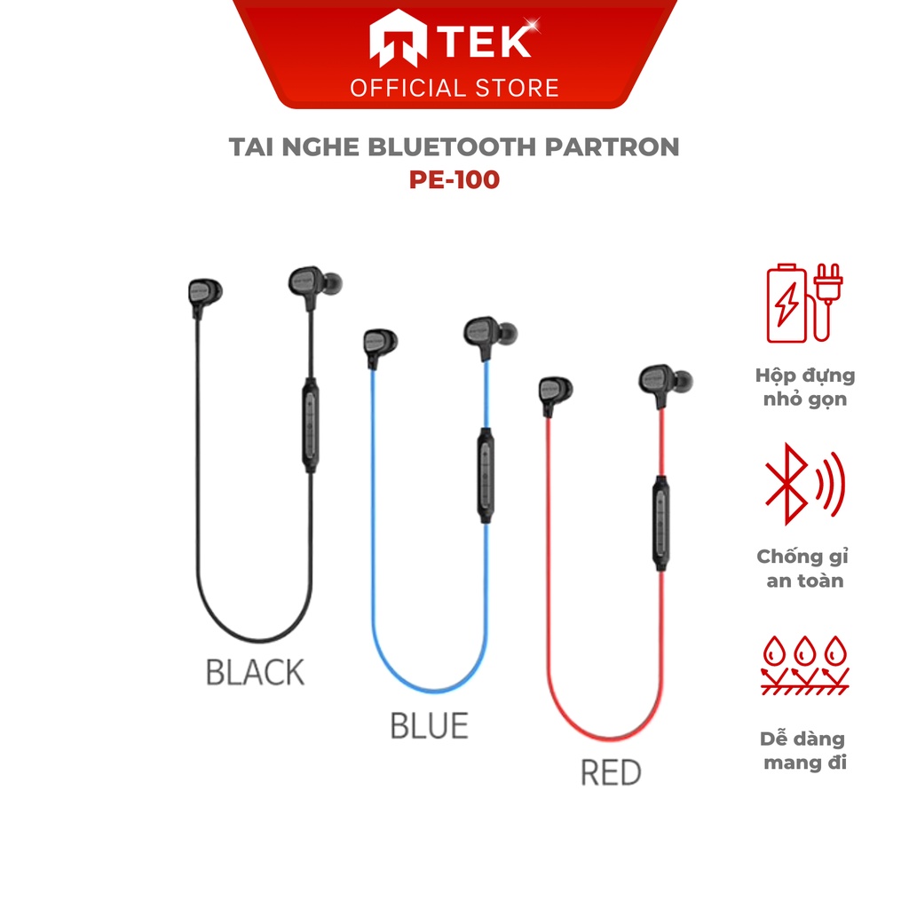 Tai nghe Bluetooth Partron PBE-100 inear không dây siêu bass chơi game thể thao chống nước IPX4 có MIC đàm thoại - TEK