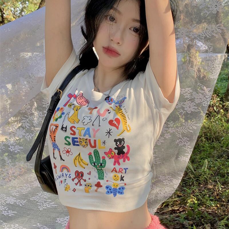 IELGYÁo Thun Tay Ngắn In Họa Tiết Hoạt Hình Phong Cách Đường Phố Cho Nữ