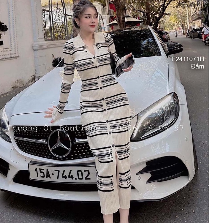 Đầm len sọc ôm body phối nút cổ bẻ tay dài siêu thời trang!