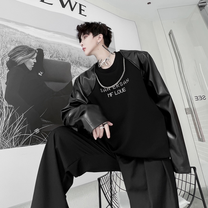 Áo Thun Tay Dài Cổ Tròn In Họa Tiết Kim Loại Phối Da Thời Trang Mùa Thu Mới Cho Nam