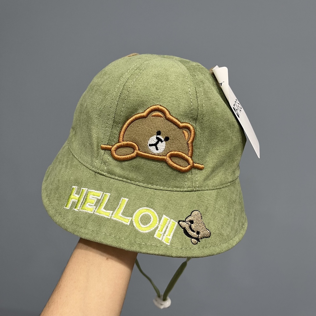 Mũ tai bèo họa tiết chú gấu hello phong cách Hàn Quốc thời trang dễ thương cho bé xanh vàng kem cam đỏ