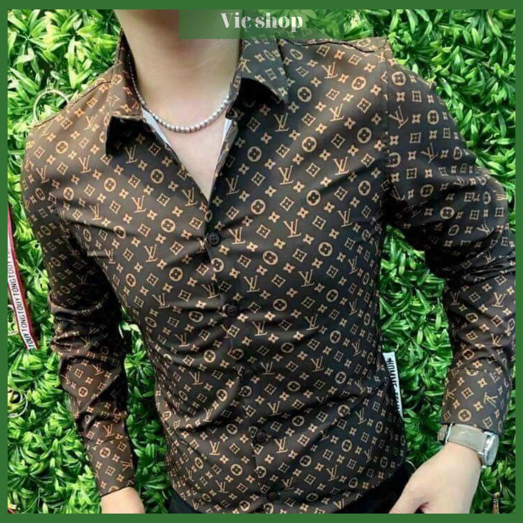 Áo sơ mi nam tay dài 22AM01-00701 họa tiết nâu chữ, thấm hút mồ hôi tốt, dáng ôm body