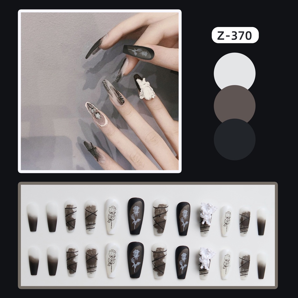 Móng Tay Giả Z-370 Màu Đen Đính Hoa Hồng Xinh Xắn