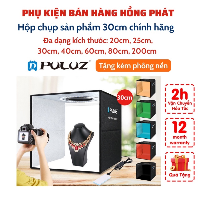 Khung, Phông, Background, Box, Hộp Chụp Hình Ảnh Sản Phẩm Chính Hãng Puluz 30x30cm, Đèn Led Siêu Sáng, Phông Nền Đa Dạng