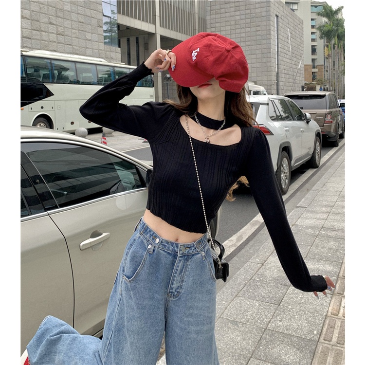 ZHELIHANGFEI Áo Dệt Kim Tay Dài Cổ Vuông Eo Cao Quyến Rũ Dễ Phối Đồ