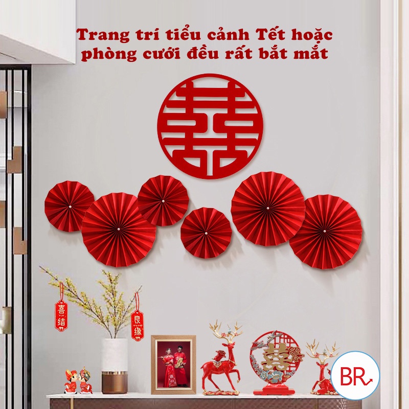 Set 6 quạt giấy đỏ trang trí tết- decor, trang trí phòng cưới, phòng khách,  tiêu cảnh tết 01727