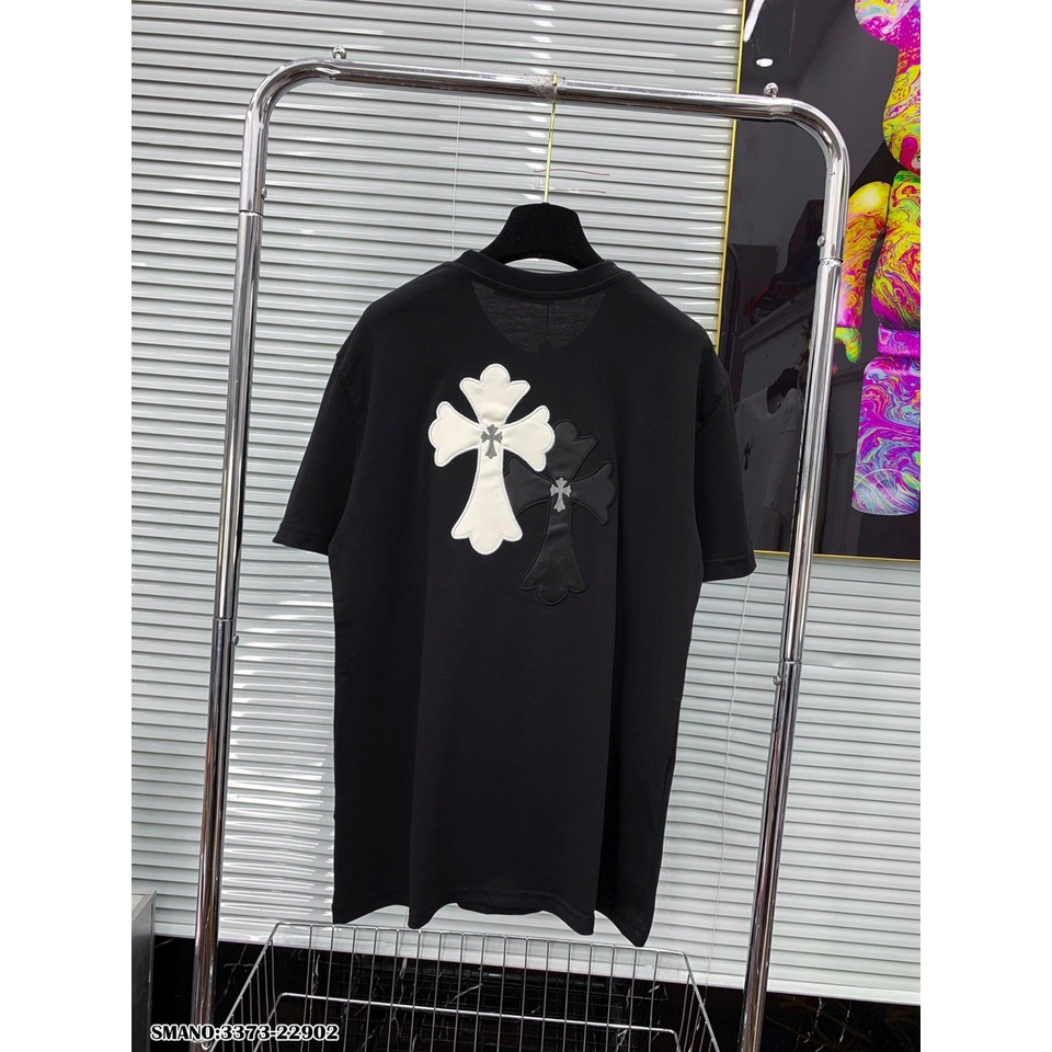 Áo Thun Nam Thêu Hình Chữ Thập Vá Da Cao Cấp hai màu trắng đen mới nhất