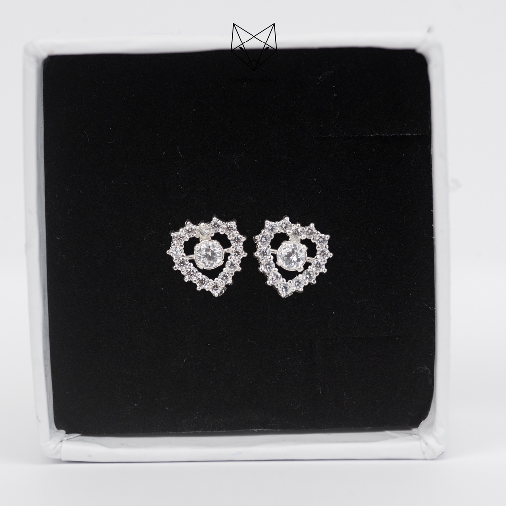 Khuyên Tai Bạc Ta Nữ CaoBac Silver Hình Tim Đá Nhọn Ổ Đá Giữa Lấp Lánh, Thanh Lịch Xinh Xắn Dành Cho Bạn Gái