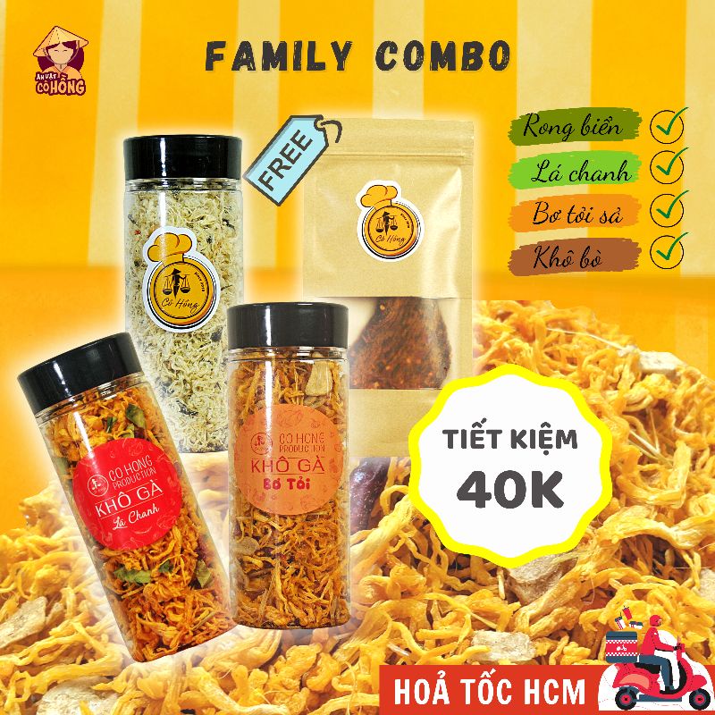 FAMILY COMBO (Khô gà lá chanh + Khô gà bơ tỏi sả + Khô gà rong biển cháy tỏi) size M tặng khô bò thật 100% xưởng Cô Hồng