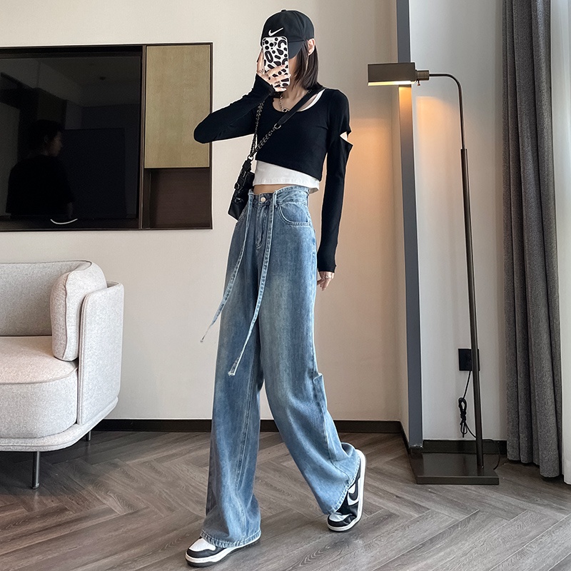 NRVP Quần jean dài ống rộng phối dây phong cách Hàn Quốc thời trang cho nữ