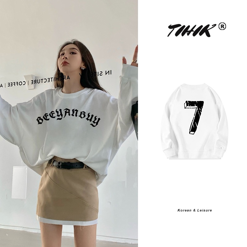 Áo sweatshirt TIHIK tay dài cổ tròn in họa tiết số 7 thời trang Hàn Quốc cho nữ