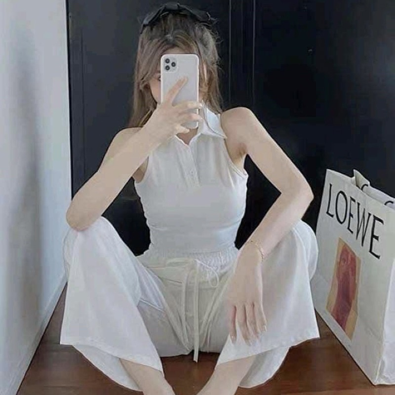 Áo croptop 3 lỗ nữ, áo sát nách cổ polo siêu xinh