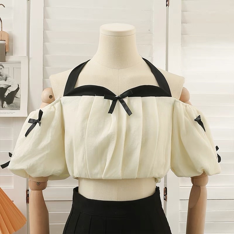 Áo Croptop Tay Bồng Thắt Nơ Cổ Đính Nơ Nhí Xinh Xắn