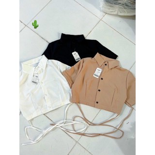 ÁO SƠ MI CROPTOP PHỐI DÂY  CỘT EO PC