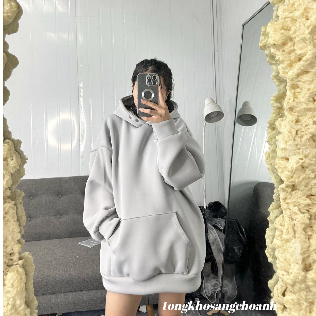 Áo hoodie trơn nam nữ form rộng cúc bấm kiểu dáng basic chất liệu nỉ bông ấm áp
