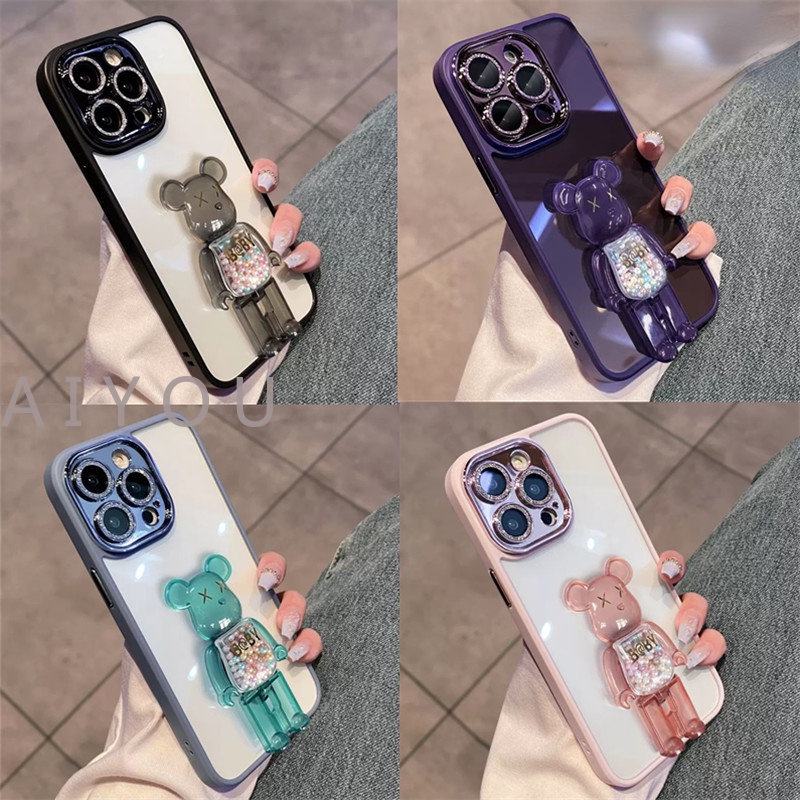 Ốp Điện Thoại Dạng Gập Mạ Kim Tuyến Sang Trọng Có Đế Đỡ Hình Gấu Cho iPhone 14 Pro Max 13 12 11 Pro Max Plus
