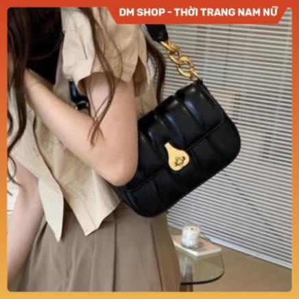 Túi xách kẹp nách khóa xoay hình giọt nước , Túi sách đeo vai da trơn màu đen trắng nâu phong cách thời trang Dm Shop