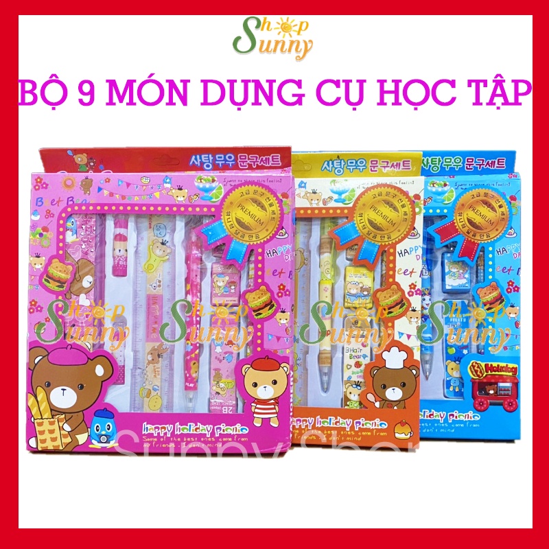 ☘️Set 9 Món☘️ Bộ dụng cụ học tập cần thiết dành cho bé học sinh tiểu học phối họa tiết hoạt hình có hộp đựng bút