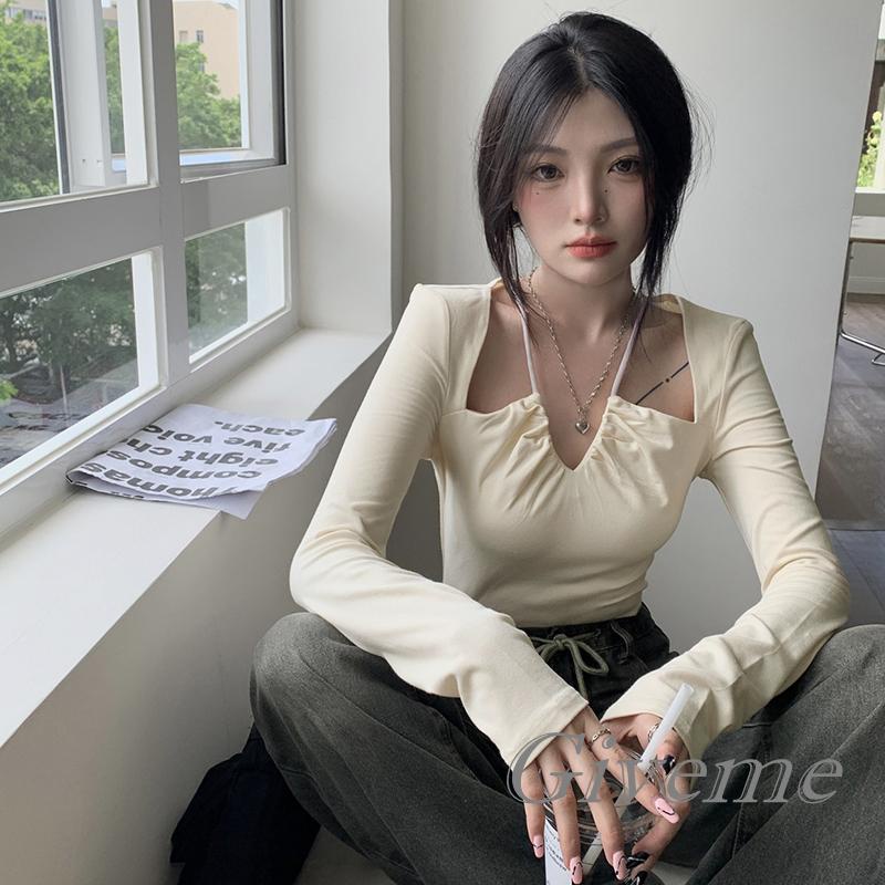 Áo Thun Lửng Tay Dài Cổ V Thời Trang Dành Cho Nữ