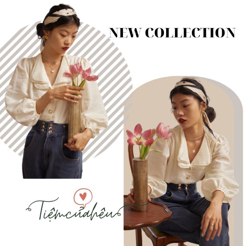 Sơ mi nữ cổ kép đính cườm, tay phồng khí chất tiểu thư Pháp, phong cách retro