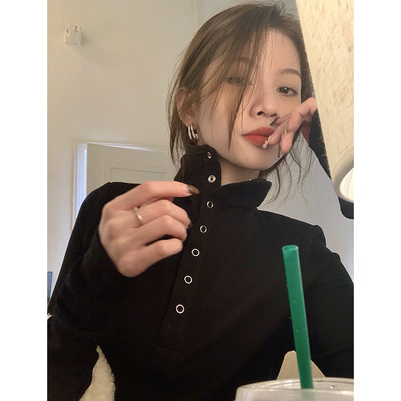 NRVP Áo kiểu nữ dài tay cổ cao phong cách Hàn Quốc