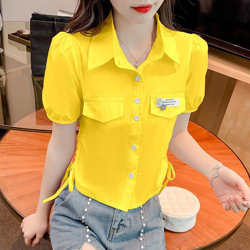 Áo Sơ Mi Ngắn Tay Dây Rút Dáng Ôm Phong Cách Hàn Quốc Giản Dị Thời Trang Dành Cho Nữ Mới