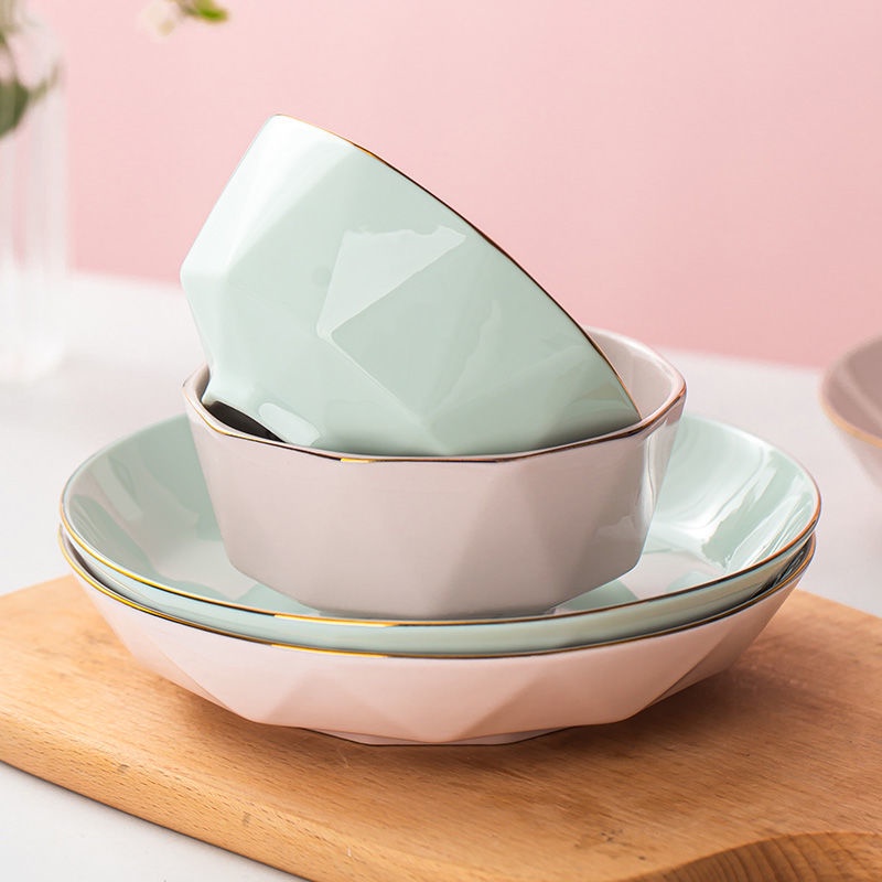 Chén bát sứ kim cương hồng viền vàng sang chảnh, bát đĩa gốm sứ cao cấp