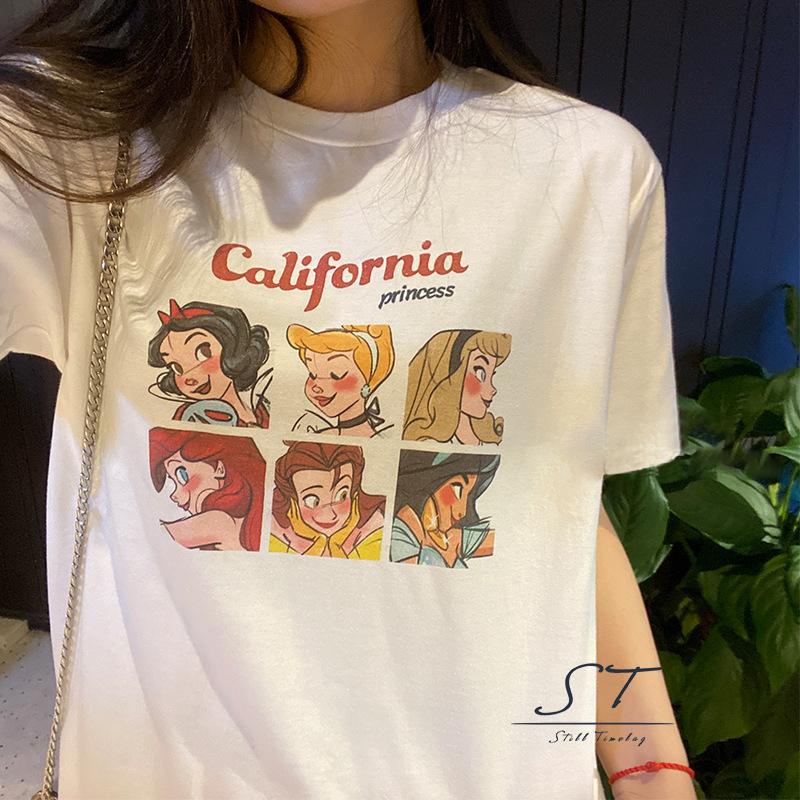 Áo Thun Tay Ngắn Cổ Tròn In Họa Tiết Hoạt Hình Và Chữ CY03 Dành Cho Nữ