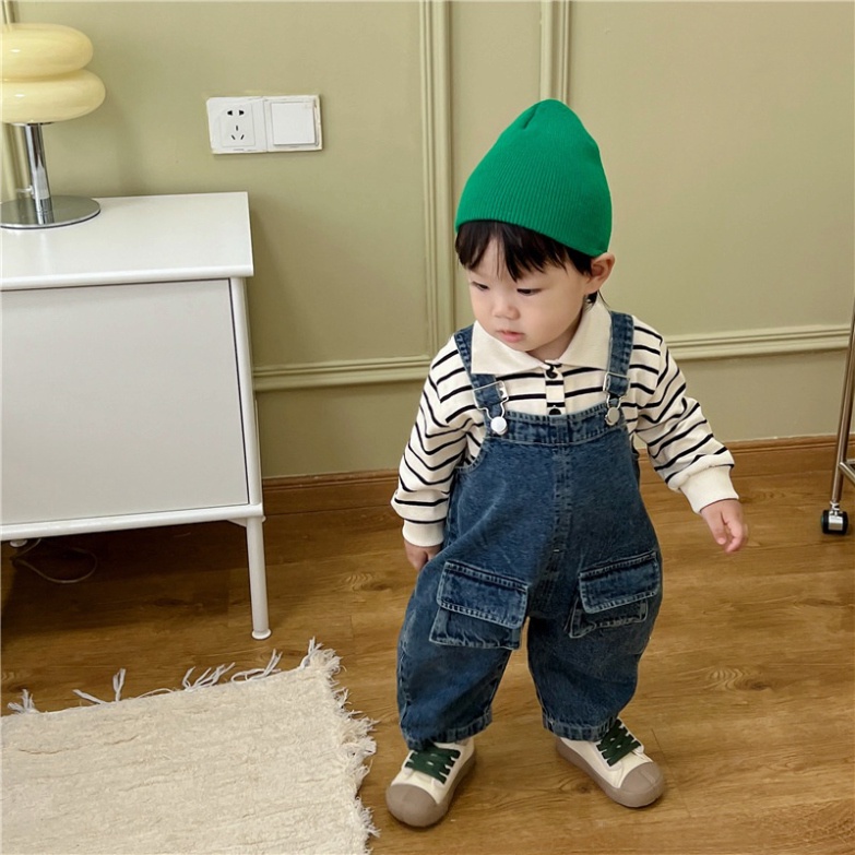 Bộ áo phông thun POLO phối hợp quần Yếm Denim sọc kẻ êm ái trang điểm ngày thu 2022 Cho Bé Từ 0-3 Tuổi AMBB KIDS