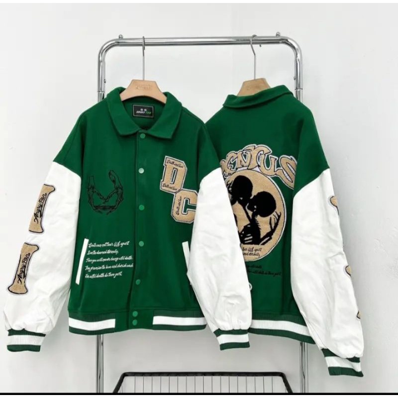 Áo khoác bomber nữ, áo varsity jacket nam nữ form rộng màu xanh lá chất nỉ dạ đẹp thời trang