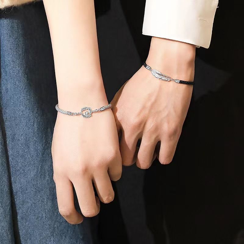 Vòng Tay Dây Bện Phối Mặt Hình Lông Vũ Mạ Bạc 925 Thời Trang Cho Cặp Đôi