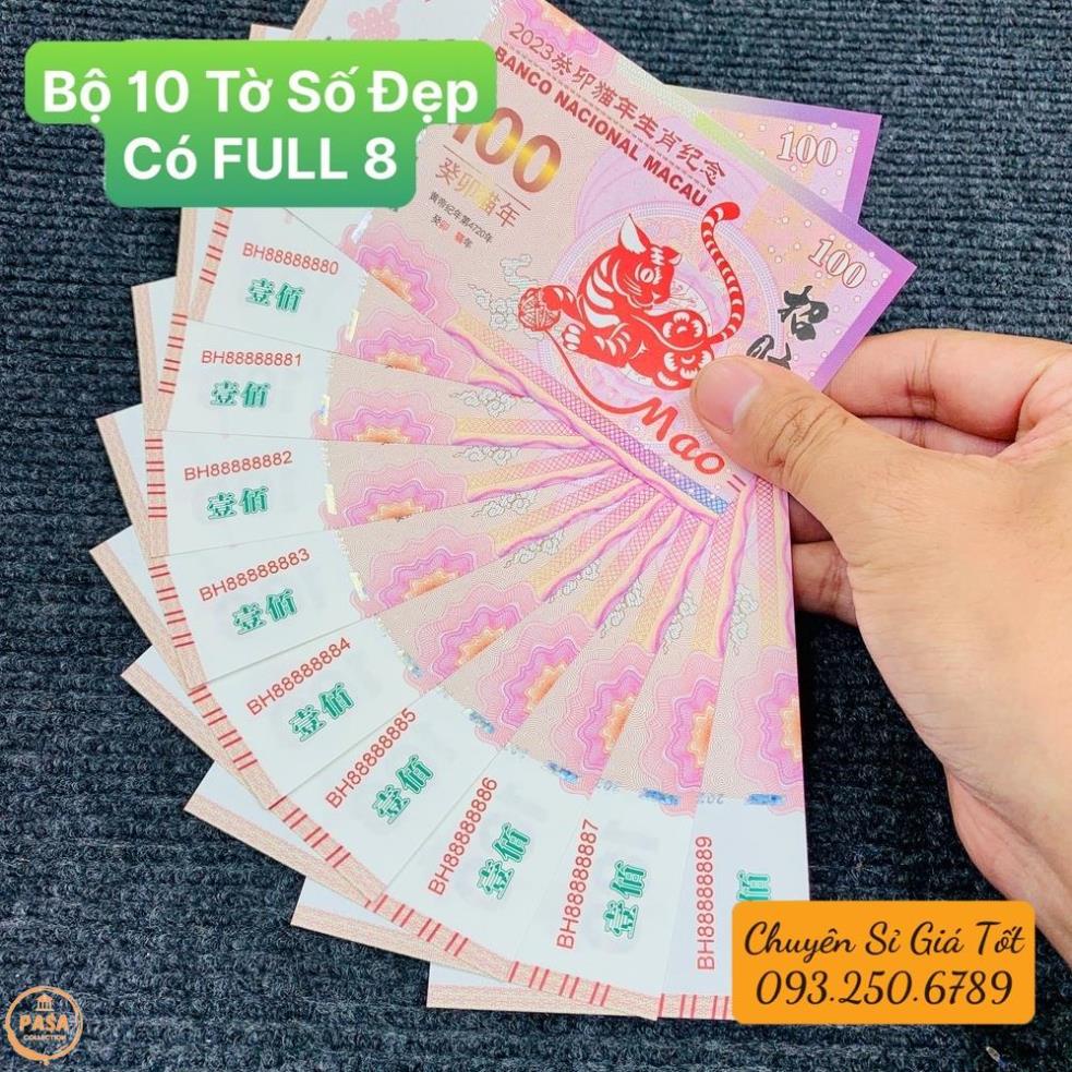 ⭐SIÊU HÓT⭐ Bộ 10 Tờ Số Đẹp, có Full 8 - Tiền phong thủy hình Mèo Macao 100 kèm bao lì xì Tết 2023