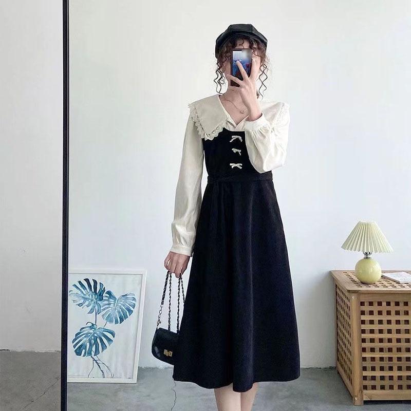 IELGY IELGY Đầm Tay Dài Cổ Chữ v plus size Phong Cách retro Dành Cho Nữ