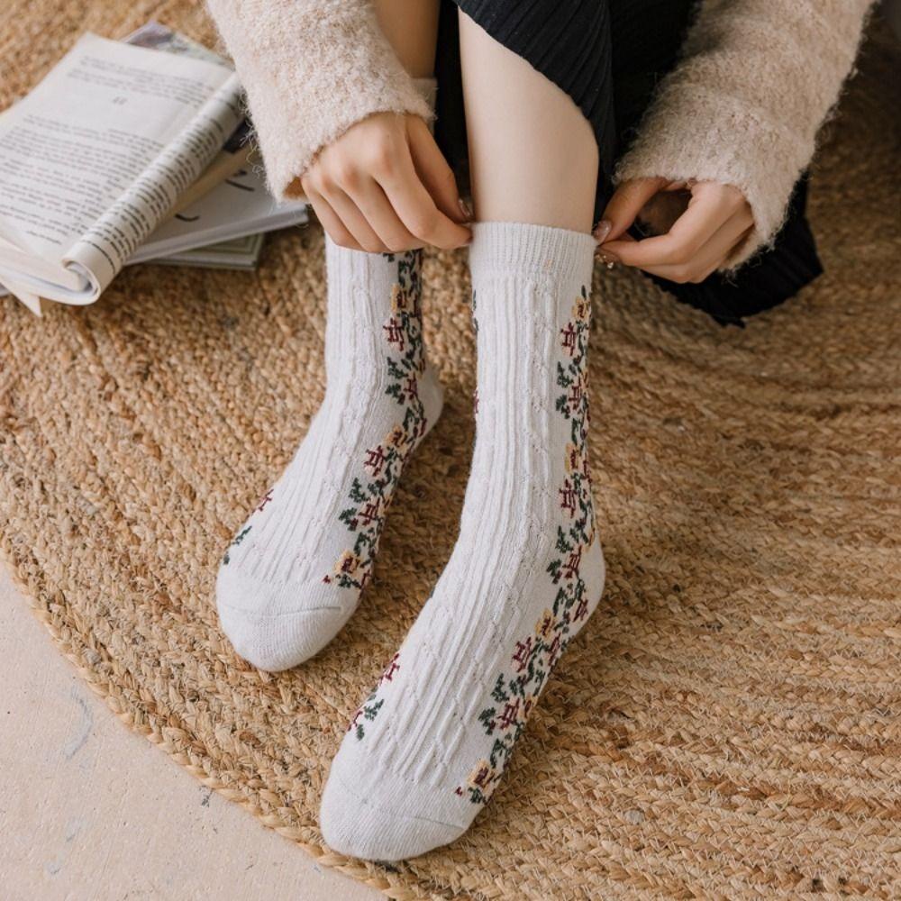 Vớ Len Dày Mềm Mại In Họa Tiết Hoa Phong Cách Harajuku Cổ Điển Thời Trang Mùa Đông Cho Nữ