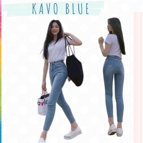 Quần Jean Nữ Dáng Ôm KAVO BLUE Lưng Cao Trơn Co Giãn Bốn Chiều