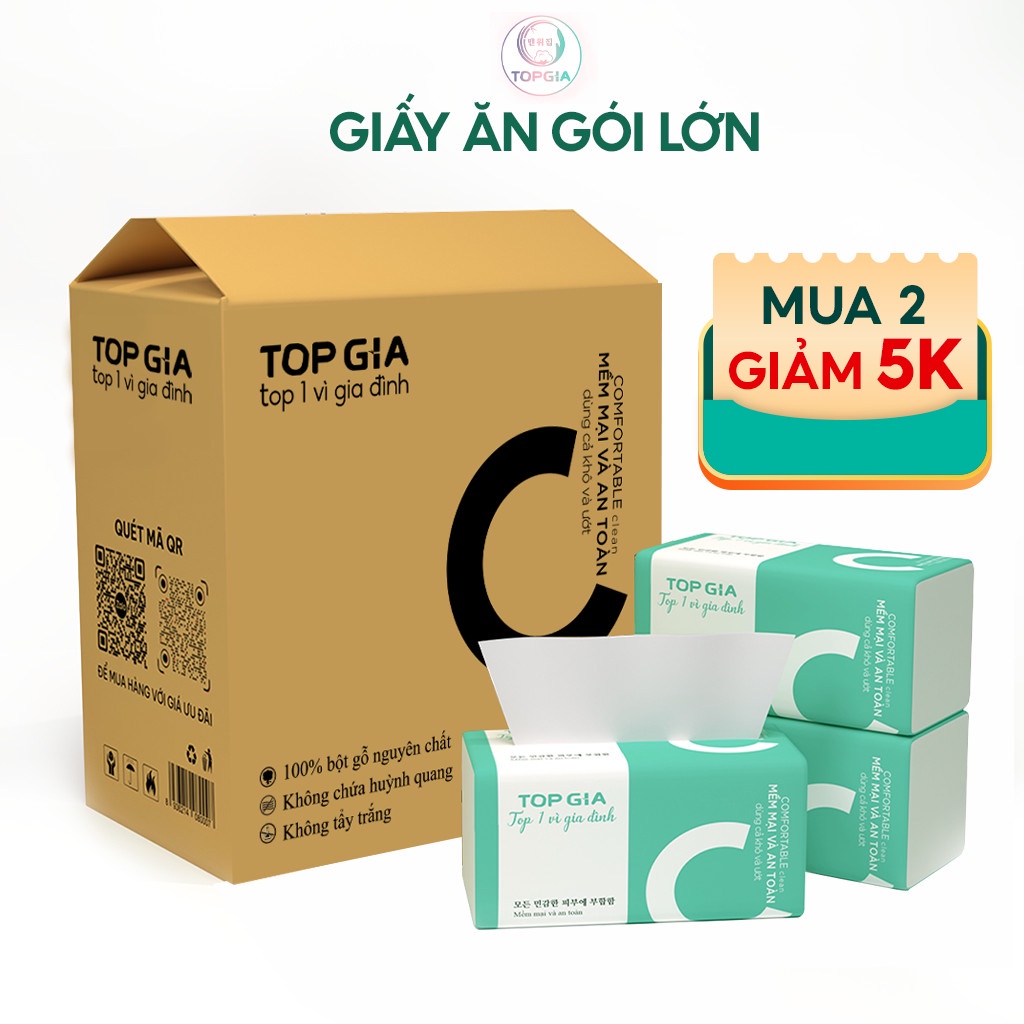 Giấy ăn gói lớn rút lụa TopGia gói lớn, khăn lau 100 rút 4 lớp mềm mịn, không chất tẩy trắng, phục vụ cho mọi gia đình