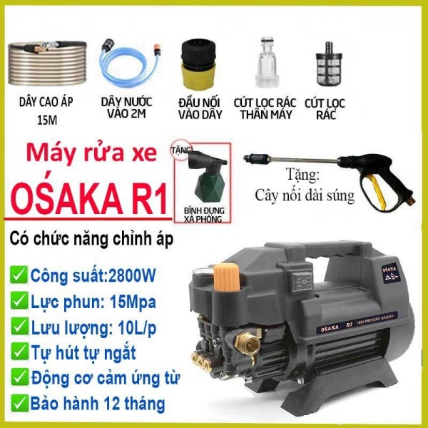 Máy rửa xe chỉnh áp Osaka R1 thế hệ mới tặng bình xịt bot tuyết ống nối dài dây 15m