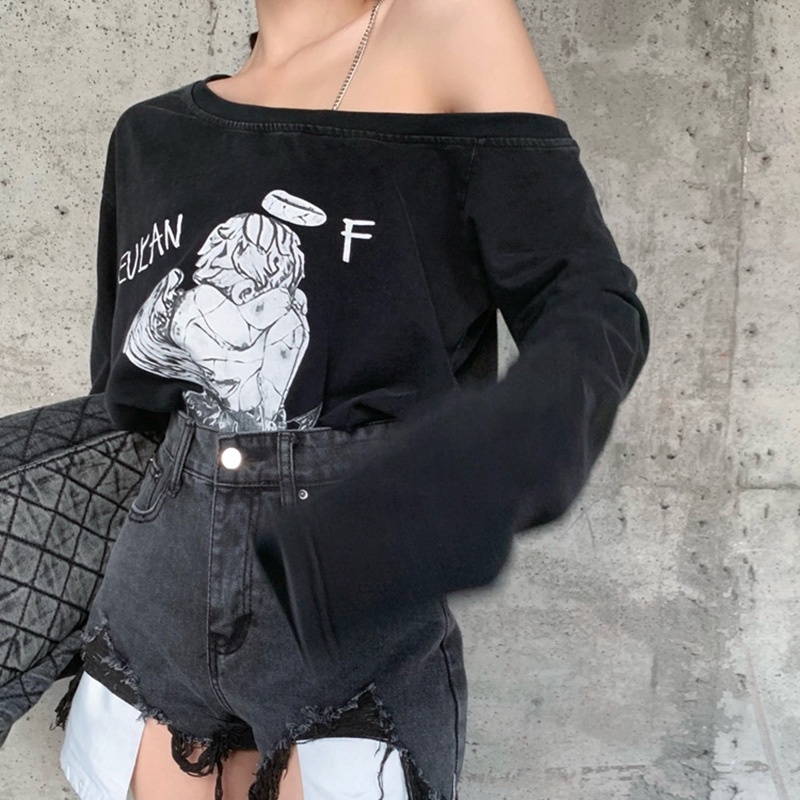 IELGYÁo Thun Nữ Dài Tay Lệch Vai In Họa Tiết Màu Đen Thời Trang