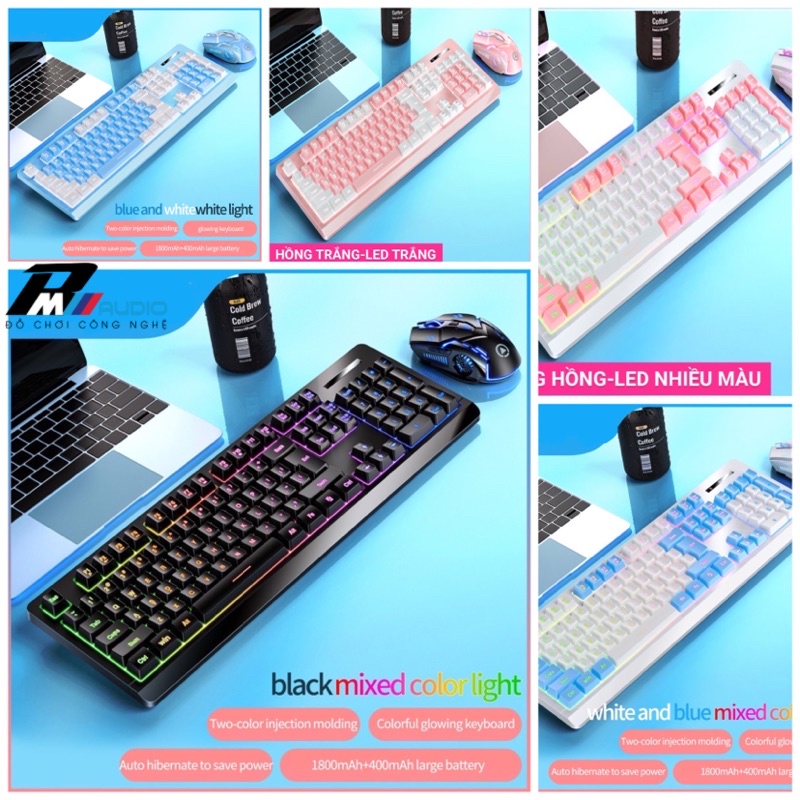 Combo Bàn Phím Chuột Máy Tính laptop Không Dây KM1 Đèn Led Xuyên Chữ Kết Nối Qua Đầu Thu USB 2.4 Có pin Sạc Tích Điện
