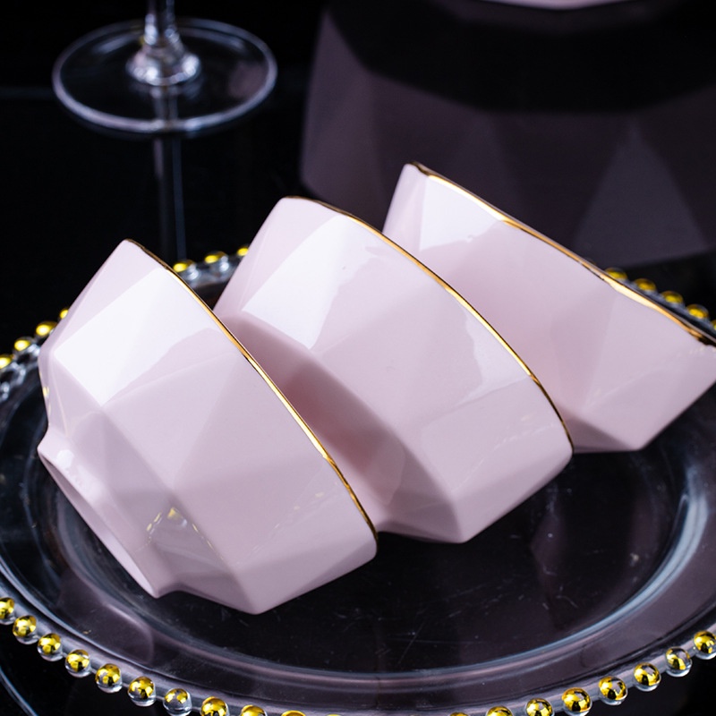 Chén bát sứ kim cương hồng viền vàng sang chảnh, bát đĩa gốm sứ cao cấp