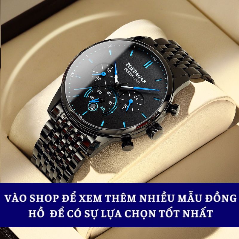 Đồng hồ đeo tay nam dây kim loại thép đen 6 Kim cao cấp POEDAGAR PA632 chính hãng phong cách sang trọng