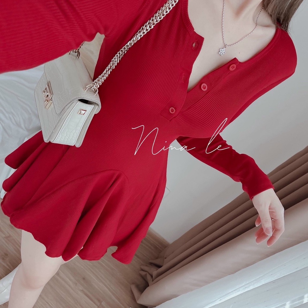 Đầm váy nữ dáng xòe thun gân tay dài 2 màu trẻ trung năng động tôn dáng cực xinh dực tiệc dạo phố đi chơi